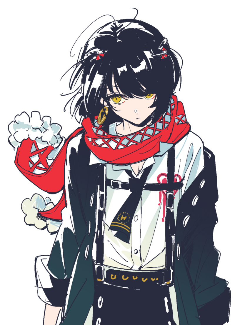 1boy, arms_at_sides, attsei, black_hair, black_necktie, black_shorts, coat, collared_shirt