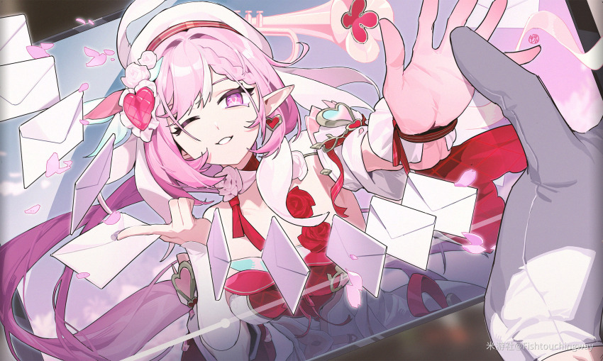 1girl, ;o, beret, breasts, chinese_commentary, commentary_request, diamond-shaped_pupils, diamond_(shape), dress, earrings, elf, elysia_(hi_love_elf)_(honkai_impact), elysia_(honkai_impact), gloves, hat, heart, heart_earrings, highres, holding, holding_letter, holding_phone, honkai_(series), honkai_impact_3rd, jewelry, large_breasts, letter, long_hair, lu-fou, miyoushe_watermark, multicolored_hair, one_eye_closed, phone, pink_hair, pointy_ears, pov, pov_hands, purple_eyes, red_dress, solo, symbol-shaped_pupils, two-tone_dress, two-tone_hair, very_long_hair, watermark, white_dress, white_gloves, white_hair