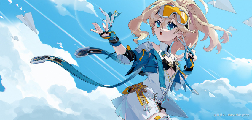 1girl, aged_down, aqua_gloves, aqua_jacket, blonde_hair, blue_sky, breasts, chinese_commentary, cloud, cloudy_sky, commentary_request, durandal_(honkai_impact), durandal_(reign_solaris)_(honkai_impact), fingerless_gloves, gloves, goggles, goggles_on_head, highres, holding, holding_scissors, honkai_(series), honkai_impact_3rd, jacket, long_hair, lu-fou, miyoushe_watermark, origami, paper_crane, scissors, shirt, sky, small_breasts, solo, watermark, white_shirt