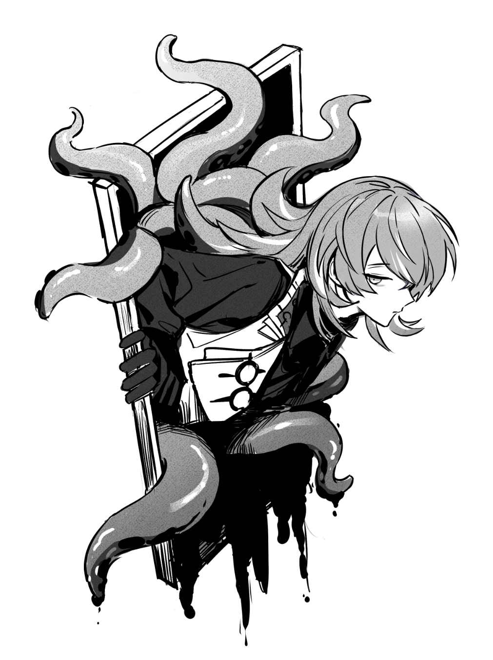 1boy, attsei, black_liquid, collared_shirt, commentary_request, dripping, gloves, half-closed_eyes