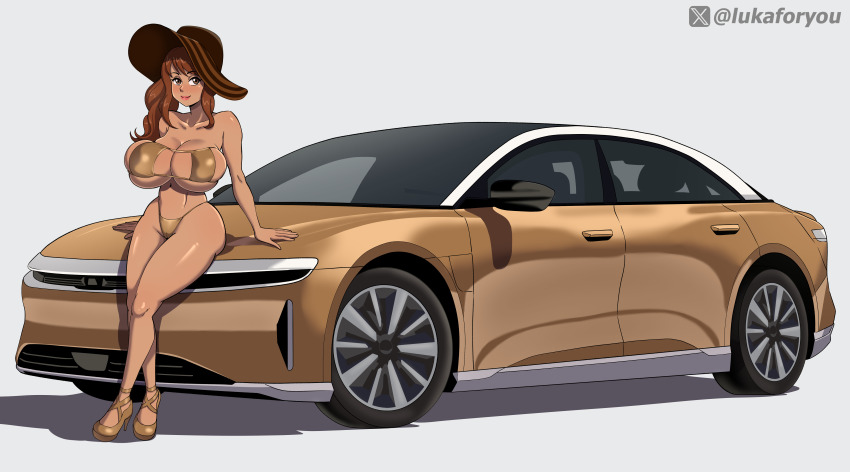 1girl, absurdres, ass, bikini, bra, breasts, brown_eyes, brown_hair, cameltoe, gold_bikini, hat, high_heels, highres, huge_ass, huge_breasts, lucid_air, lukaforyou, micro_bikini, pinup_(style), strapless, strapless_bikini, strapless_bra, sun_hat, swimsuit, tan, twitter_logo, twitter_username, underwear, wavy_hair, white_background