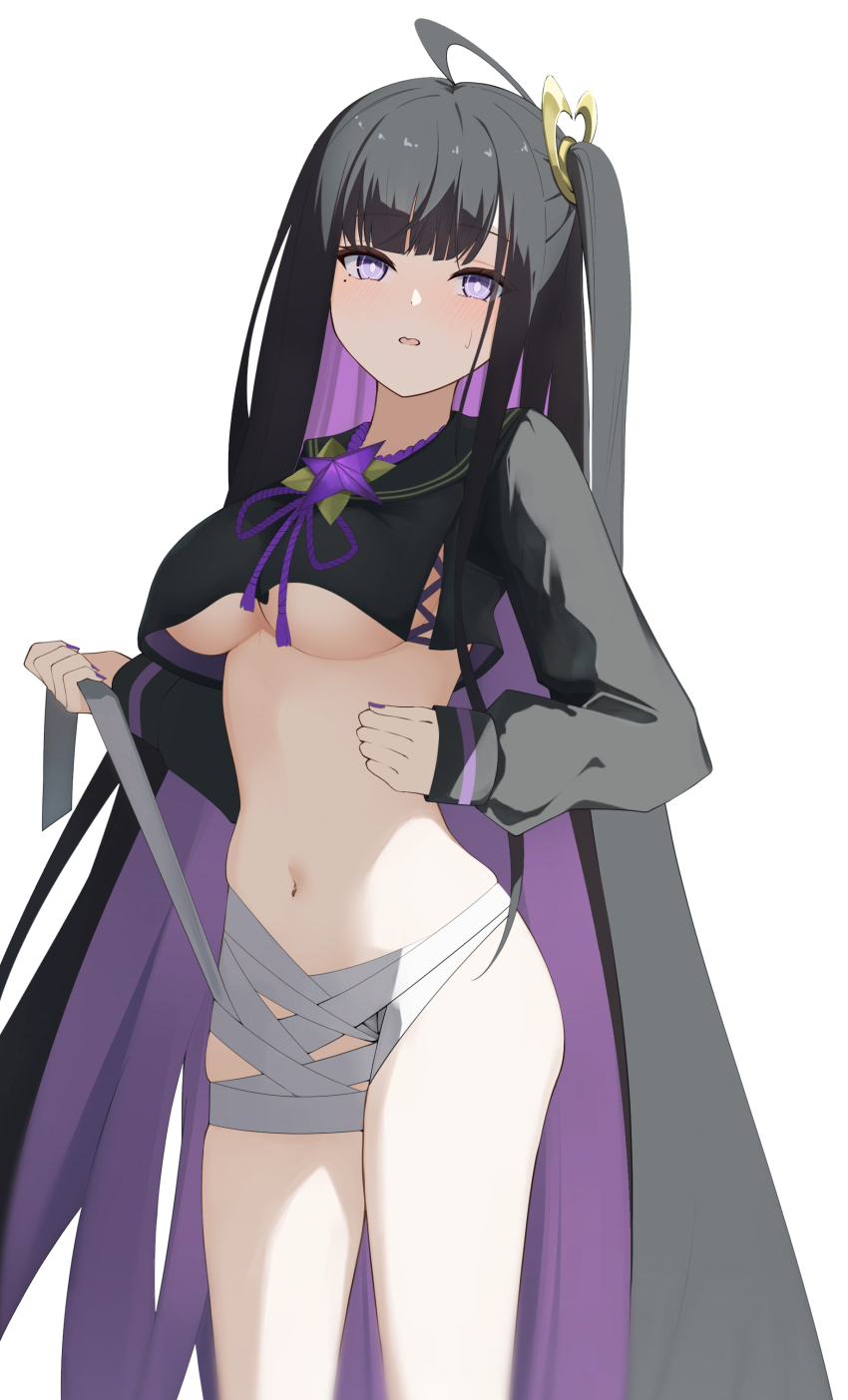 1girl, absurdres, ahoge, black_hair, black_sailor_collar, black_serafuku, black_shirt, blush