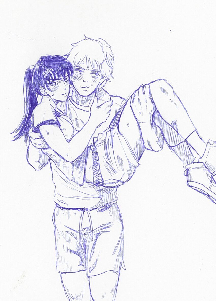 1boy, 1girl, blush, breasts, carrying, chainsaw_man, closed_mouth, commentary, denji_(chainsaw_man), english_commentary, gym_uniform, hetero, highres, long_hair, monochrome, negritobonbon, ponytail, princess_carry, reze_(chainsaw_man), shirt, short_hair, shorts, small_breasts, sweat