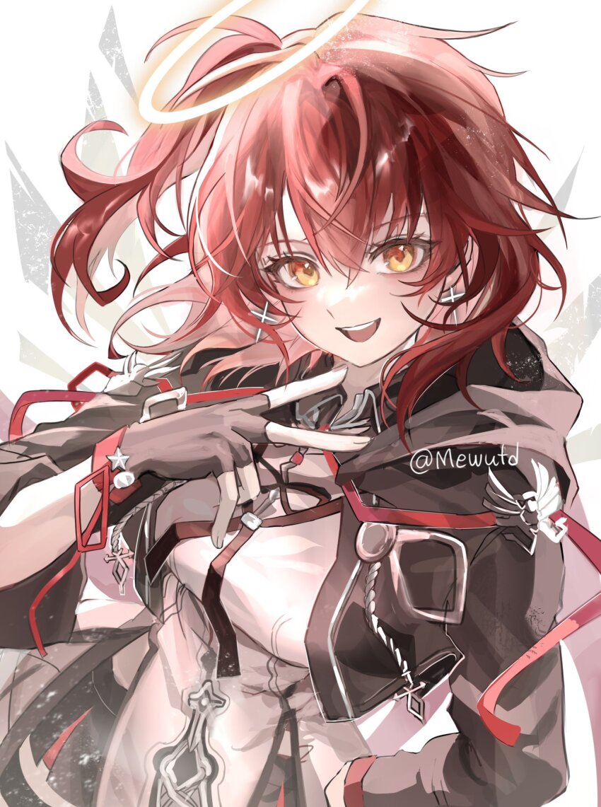 1girl, angel_wings, arknights, black_gloves, exusiai_(arknights), exusiai_the_new_covenant_(arknights), fingerless_gloves, gloves