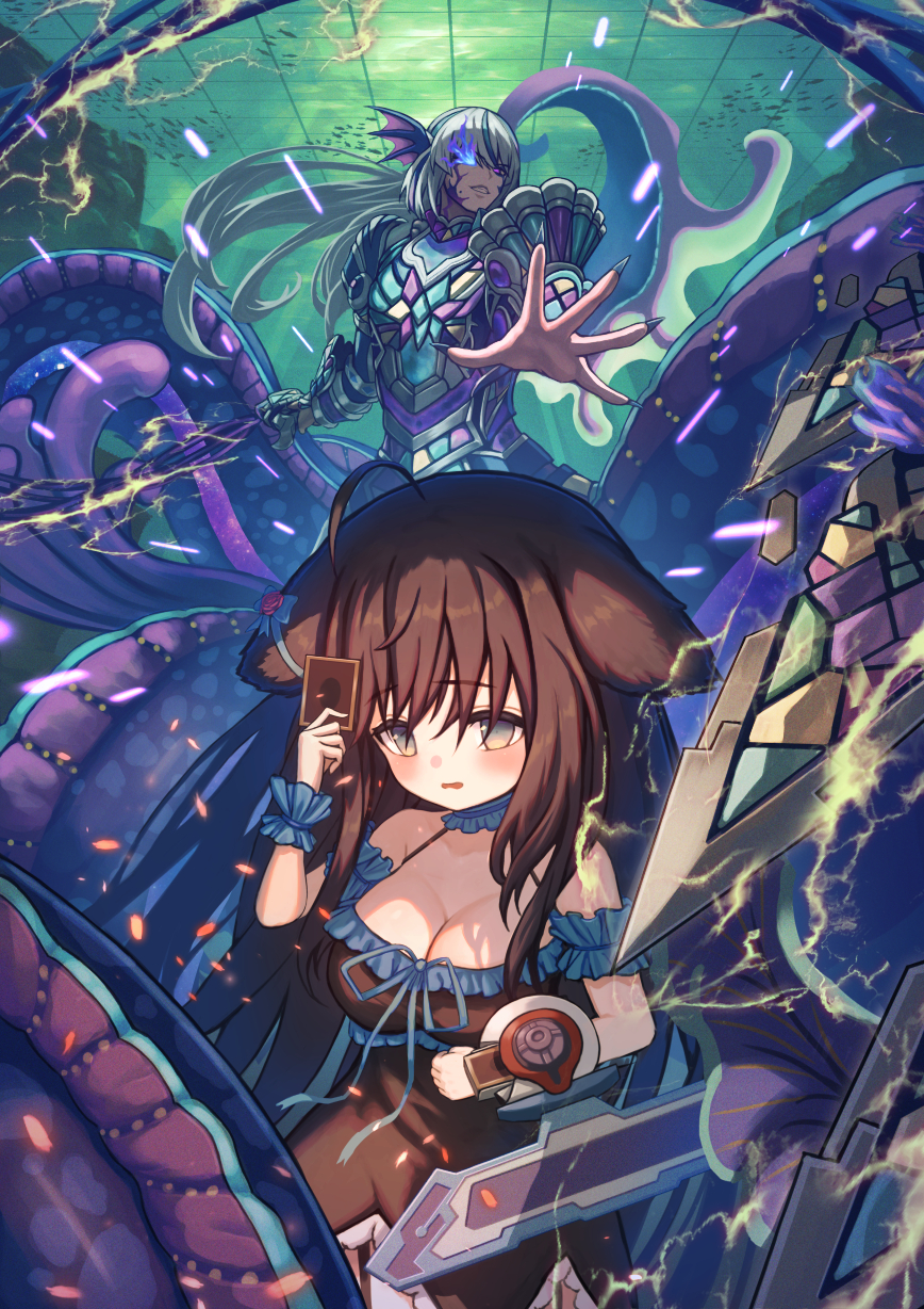1boy, 1girl, animal_ears, armor, black_dress, breasts, brown_hair, card
