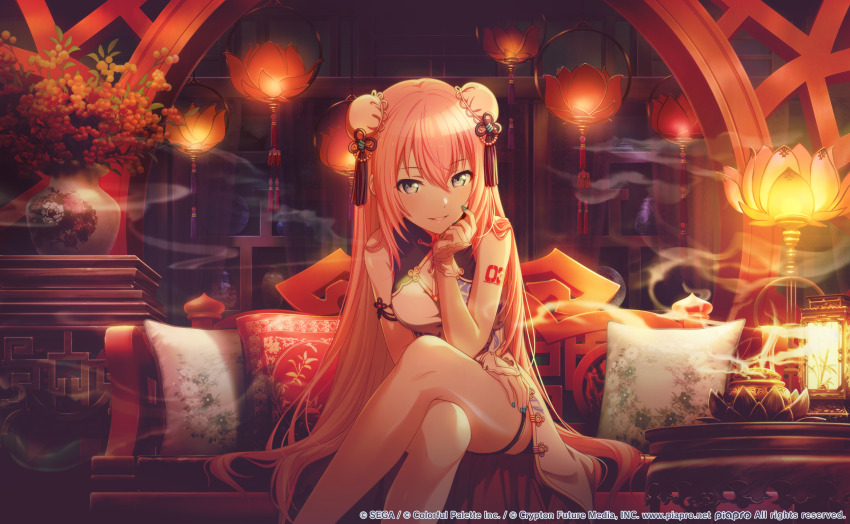 1girl, aqua_nails, architecture, artist_collaboration, bare_legs, bare_shoulders, blue_eyes, bun_cover