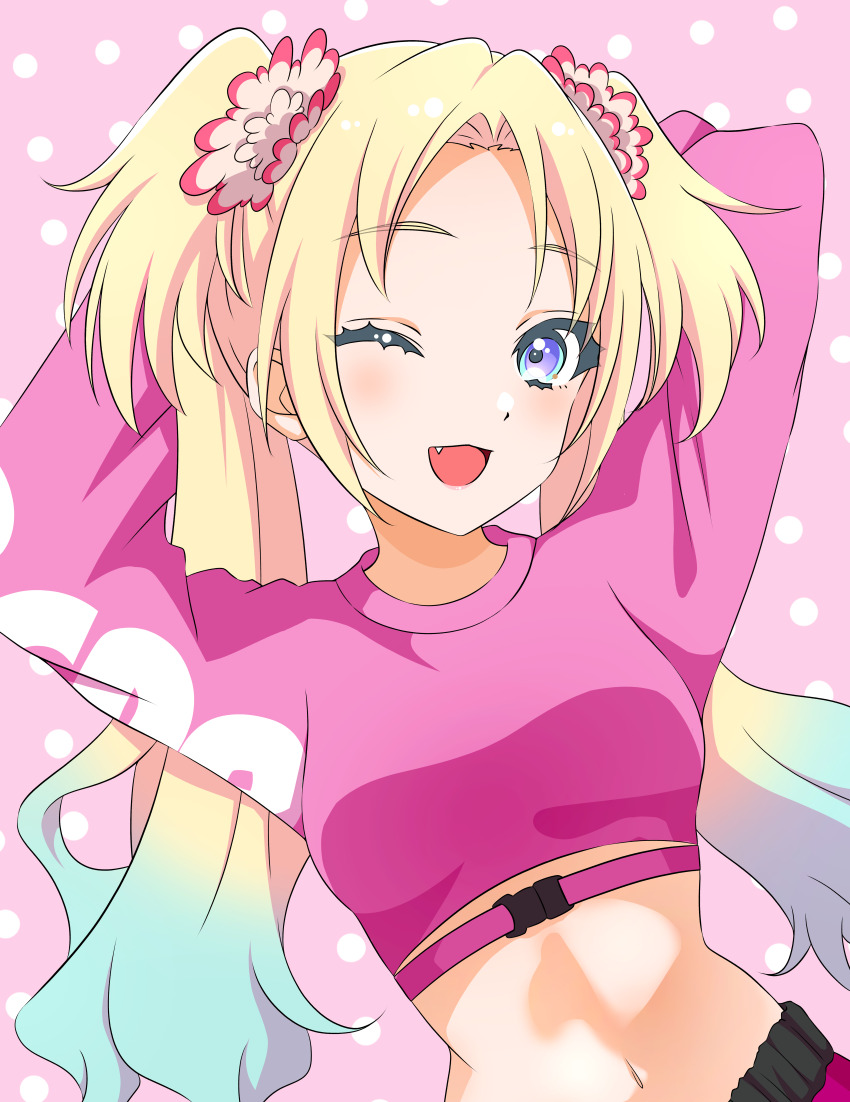 1girl, ;d, absurdres, arms_up, blue_eyes, breasts, buckle, commentary