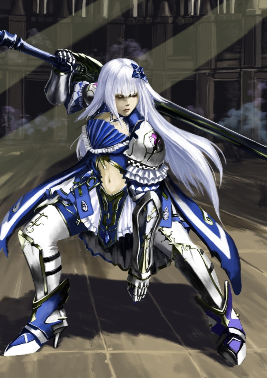 1girl, armor, artorias_the_abysswalker, blunt_bangs, clothing_cutout, dark_souls_(series), dark_souls_i, flower