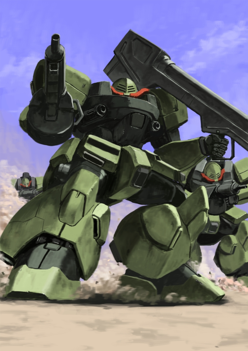 after_war_gundam_x, blue_sky, desert, dual_wielding, gun, gundam, highres, holding