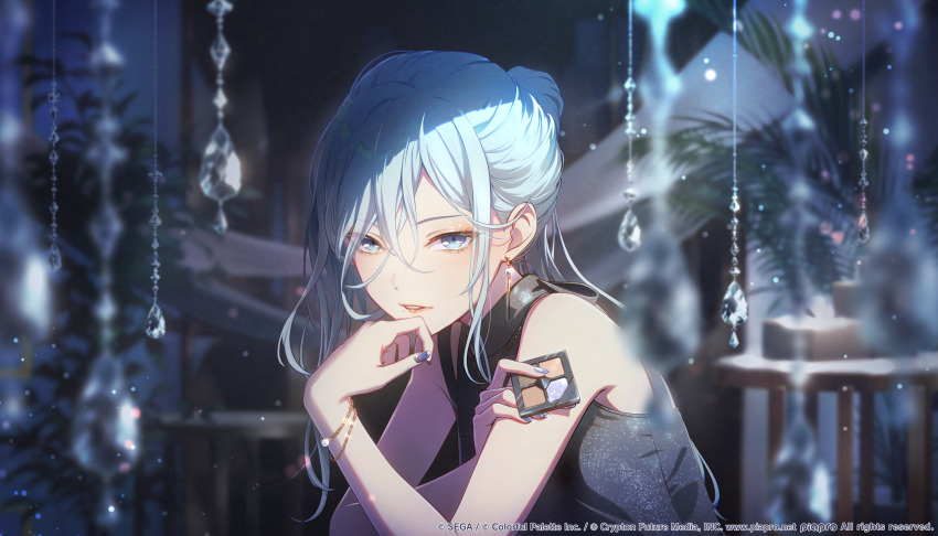 1girl, absurdres, artist_collaboration, black_shirt, blue_eyes, blue_hair, blurry, bracelet, colorful_palette, commentary, commentary_request, depth_of_field, earrings, english_commentary, fake_nails, fern, game_cg, grow_glorious_glow_(project_sekai), hair_between_eyes, hand_on_own_chin, highres, hinomori_shizuku, holding_makeup_palette, indoors, jewelry, kuwabara_(mola_8), light_particles, lips, looking_at_viewer, mixed-language_commentary, mole, mole_under_mouth, official_art, parted_lips, project_sekai, purple_nails, round_table, shirt, sidelocks, sleeveless, sleeveless_shirt, solo, table