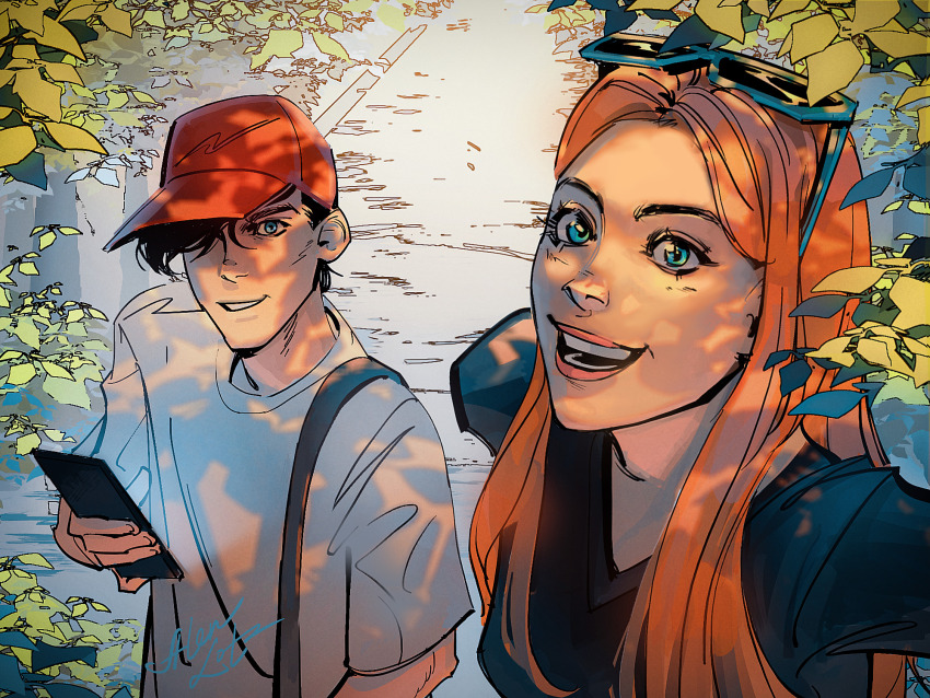 1boy, 1girl, alen-lotz, baseball_cap, black_hair, black_shirt, blue_eyes, blue_shirt