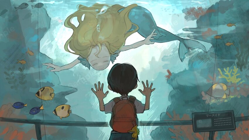 1boy, 1girl, against_glass, aquarium, backpack, bag, blonde_hair, blue_tail