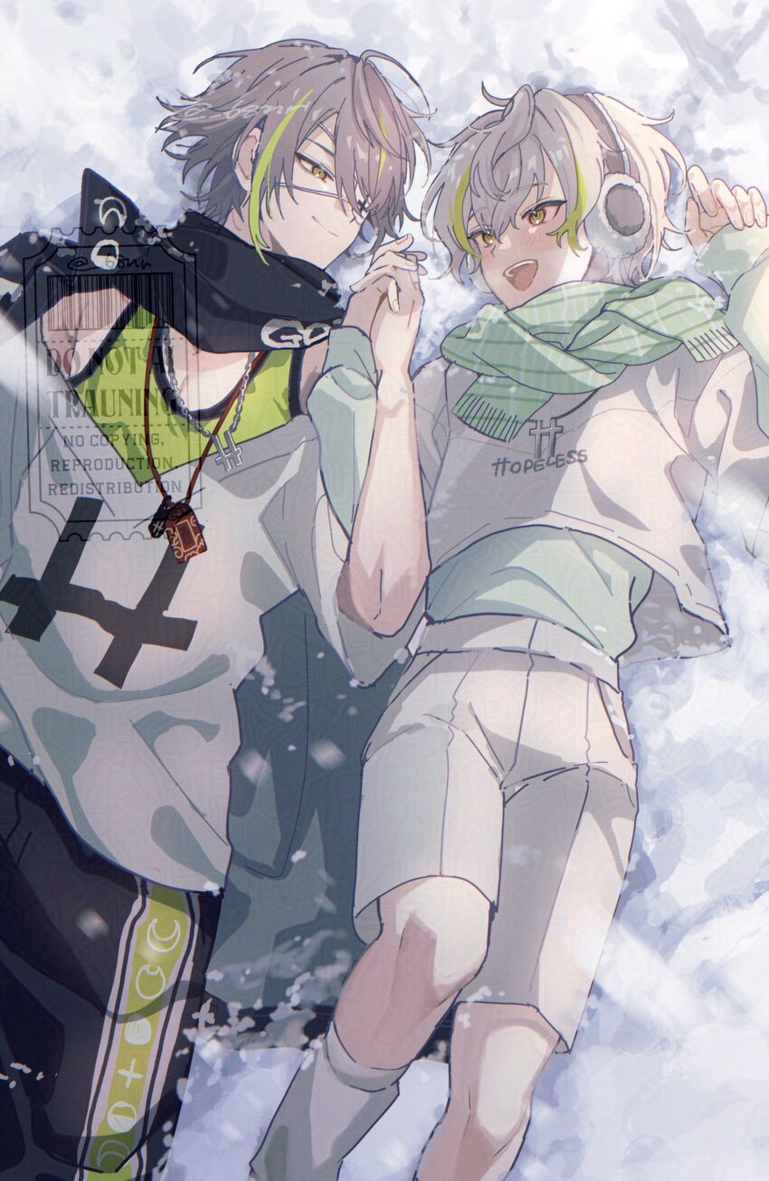 18trip, 2boys, 68nr, :d, absurdres, adversarial_noise, black_scarf, black_shorts