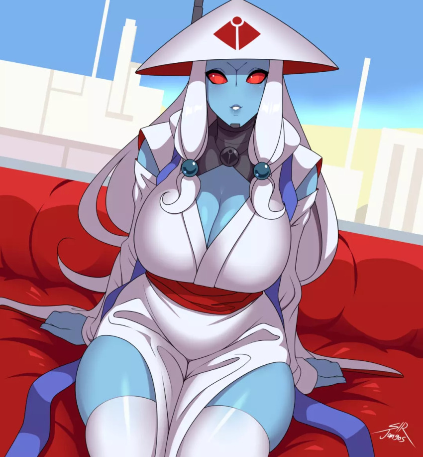 1girl, alien, beads, blue_skin, breasts, cleavage, colored_skin, couch, hair_beads, hair_ornament, hat, japanese_clothes, kimono, large_breasts, long_hair, on_couch, parted_lips, red_eyes, rice_hat, science_fiction, shiny_skin, signature, simple_background, sir_jangos, sitting, skyline, t'au, thick_thighs, thighhighs, thighs, warhammer_40k, white_hair, white_kimono, white_thighhighs