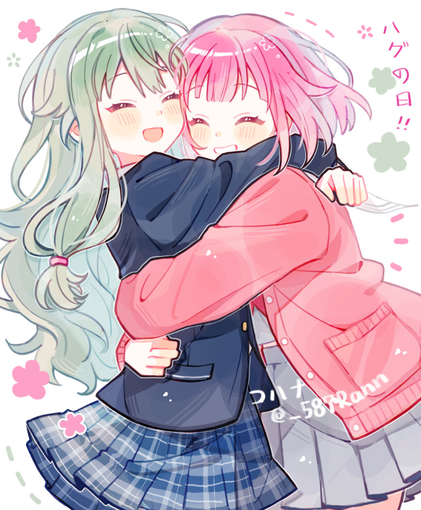 2girls, :d, ^_^, black_jacket, blue_skirt, blush, bob_cut, buttons, cardigan, closed_eyes, cohana, cowboy_shot, double-parted_bangs, flower, green_flower, green_hair, grey_serafuku, grey_shirt, grey_skirt, grin, hair_between_eyes, happy, highres, hug, jacket, kamiyama_high_school_uniform_(project_sekai), kusanagi_nene, long_hair, long_sleeves, low-tied_sidelocks, midriff_peek, miniskirt, miyamasuzaka_girls'_academy_school_uniform, multiple_girls, mutual_hug, neckerchief, ootori_emu, open_mouth, pale_skin, pink_cardigan, pink_flower, pink_hair, plaid_clothes, plaid_skirt, pleated_skirt, pocket, project_sekai, puffy_long_sleeves, puffy_sleeves, raised_eyebrows, red_neckerchief, school_uniform, serafuku, shirt, short_hair, sidelocks, simple_background, skirt, smile, standing, translation_request, twitter_username, very_long_hair, white_background