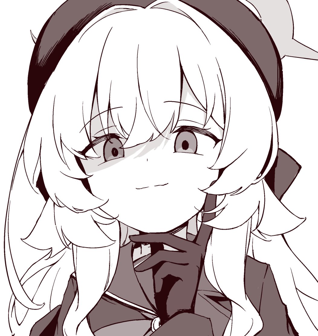 1girl, black_gloves, black_hat, blue_archive, gloves, greyscale, hair_between_eyes, halo