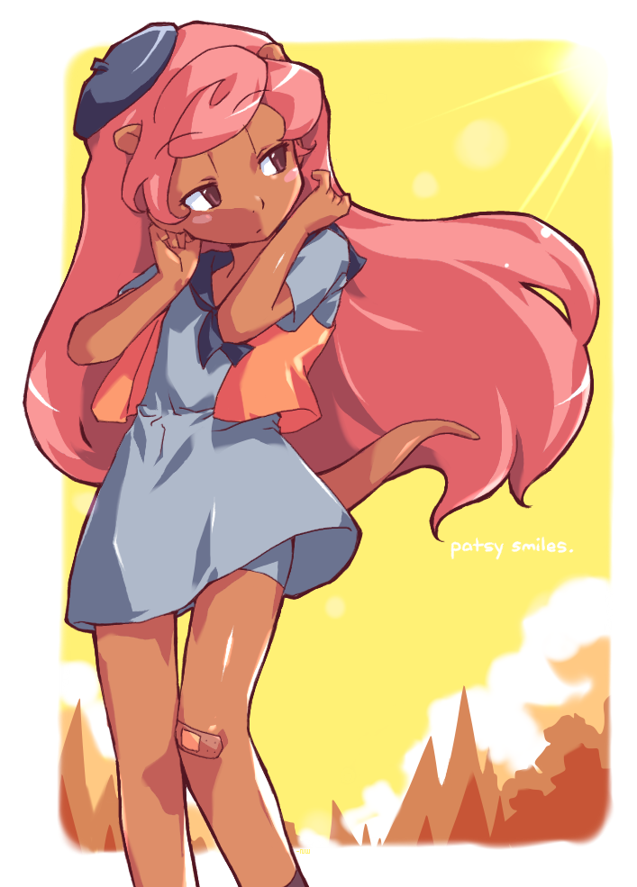 1girl, animal_ears, animification, bandaid, bandaid_on_knee, bandaid_on_leg, beret, blush