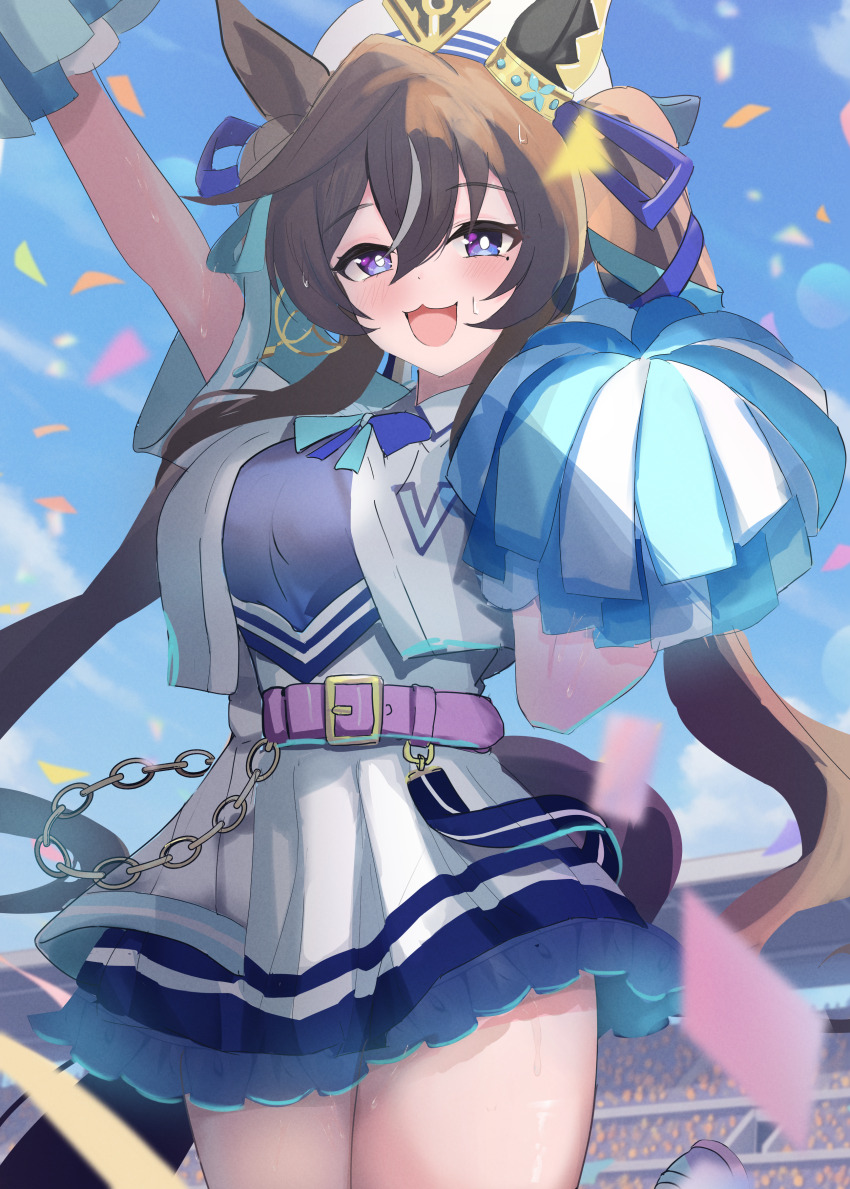 1girl, absurdres, aramocyaillust, arm_up, belt, beret, black_hair, blush