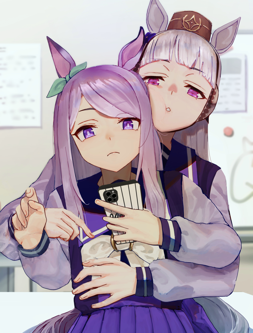 2girls, absurdres, animal_ears, blunt_bangs, bow, bowtie, cellphone, cheek_press, closed_mouth, commentary_request, cowboy_shot, ear_bow, gold_ship_(umamusume), green_bow, grey_hair, highres, holding, holding_phone, horse_ears, horse_girl, horse_tail, hug, hug_from_behind, long_hair, long_sleeves, mejiro_mcqueen_(umamusume), multiple_girls, no_uwazumi, parted_lips, phone, pillbox_hat, pleated_skirt, purple_eyes, purple_sailor_collar, purple_shirt, purple_skirt, sailor_collar, sailor_shirt, school_uniform, shirt, skirt, smartphone, tail, tracen_school_uniform, umamusume, v-shaped_eyebrows, white_bow, white_bowtie, winter_uniform, yuri
