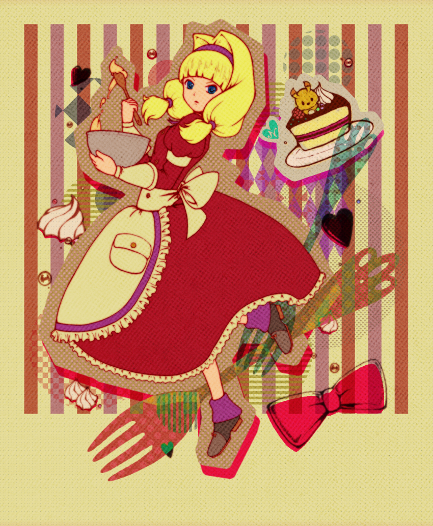 1girl, apron, black_shoes, blonde_hair, bowl, cake, cake_slice, character_request