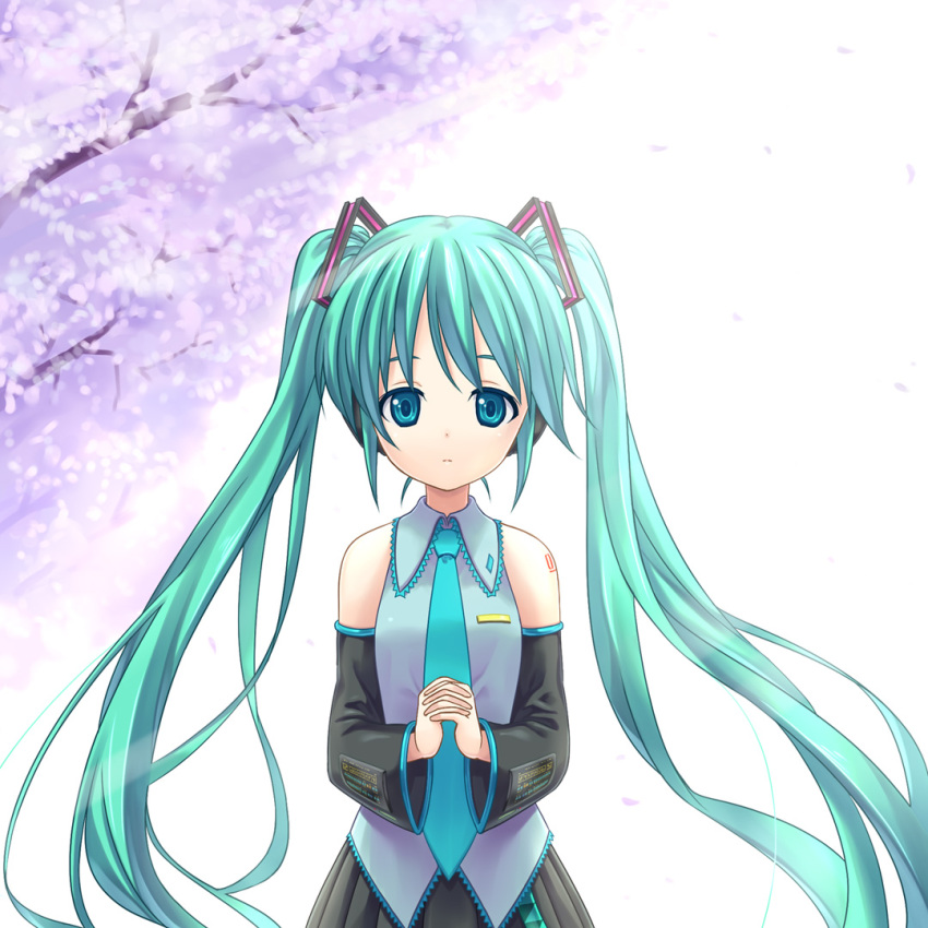 1girl, aqua_eyes, aqua_hair, bare_shoulders, cherry_blossoms, detached_sleeves, female_focus, gradient_background