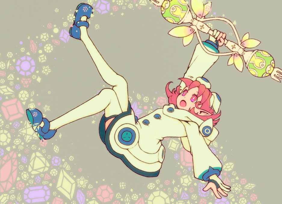 1girl, blue_shoes, bright_pupils, commentary_request, dress, falling, full_body, grey_background