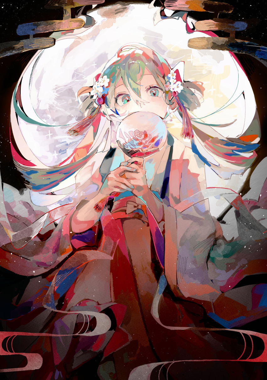 1girl, absurdres, alternate_costume, aqua_eyes, aqua_hair, belt, belt_bow, blue_streaks, covered_mouth, cowboy_shot, double_bun, floating_hair, flower, from_below, full_moon, hair_between_eyes, hair_bun, hair_flower, hair_ornament, hakama, hakama_skirt, hand_fan, hands_up, hatsune_miku, highres, holding, holding_fan, interlocked_fingers, japanese_clothes, kimono, long_skirt, miku39love3, moon, multicolored_hair, night, obi, obijime, outdoors, red_belt, red_skirt, red_streaks, sash, skirt, sky, solo, streaked_hair, three-quarter_sleeves, tsukimi, twintails, twitter_username, vocaloid, white_kimono