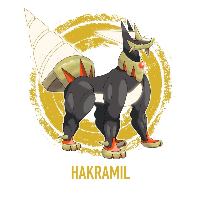 alisfakemon, black_fur, character_name, drill_tail, fakemon, full_body, highres, nintendo, no_humans, original, pokemon, pokemon_(creature), red_eyes, solo