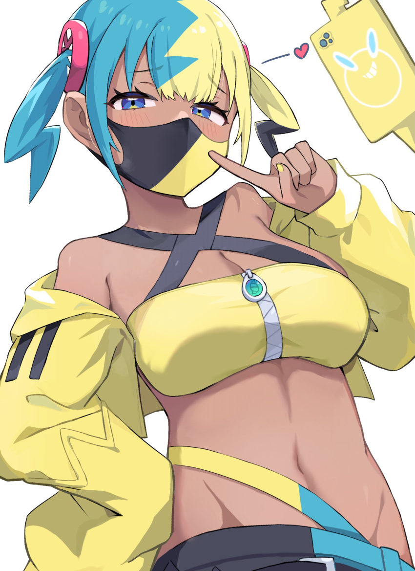 1girl, 1other, bakeneko1212, blonde_hair, blue_eyes, blue_hair, breasts, canari_(pokemon), cleavage, dark_skin, gen_4_pokemon, hair_between_eyes, hair_ornament, hand_on_own_hip, highres, jacket, long_sleeves, mask, mega_stone, mouth_mask, navel, nintendo, pokemon, pokemon_legends:_z-a, rotom, rotom_phone, shirt, simple_background, sleeves_past_wrists, stomach, strapless, strapless_shirt, white_background, yellow_jacket, yellow_nails