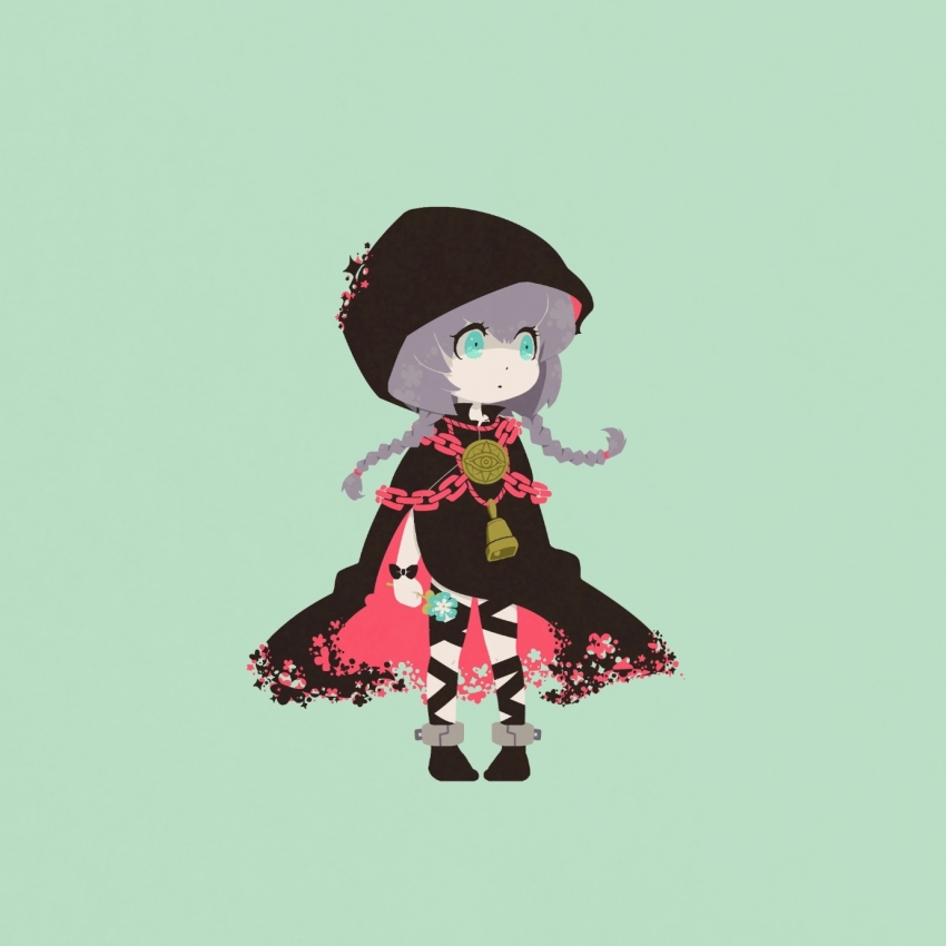 1girl, bell, black_cape, blue_background, blue_eyes, braid, cape, chain, commentary_request, curse_maker, curse_maker_2, etrian_odyssey, eyelashes, flower, full_body, highres, hijikimon2mon, holding, holding_flower, hood, hood_up, long_hair, looking_ahead, low_twin_braids, sekaiju_no_meikyuu, sekaiju_no_meikyuu_2, simple_background, solo, twin_braids, wrist_bow