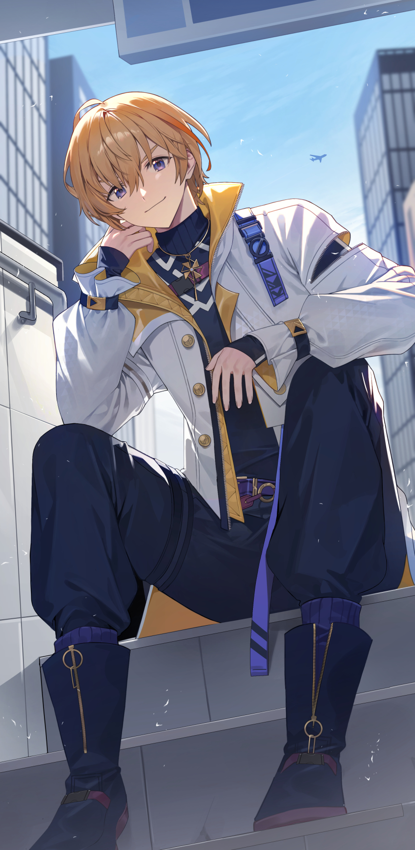 >:), 1boy, absurdres, aircraft, airplane, arm_on_knee, arm_rest, backlighting