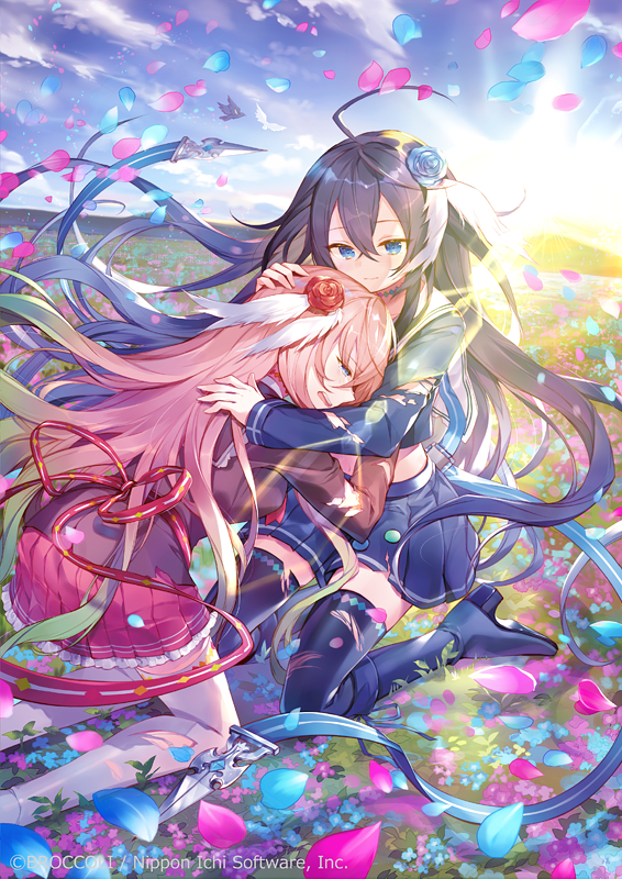 2girls, ahoge, blue_boots, blue_eyes, blue_petals, blue_shirt, blue_skirt, boots