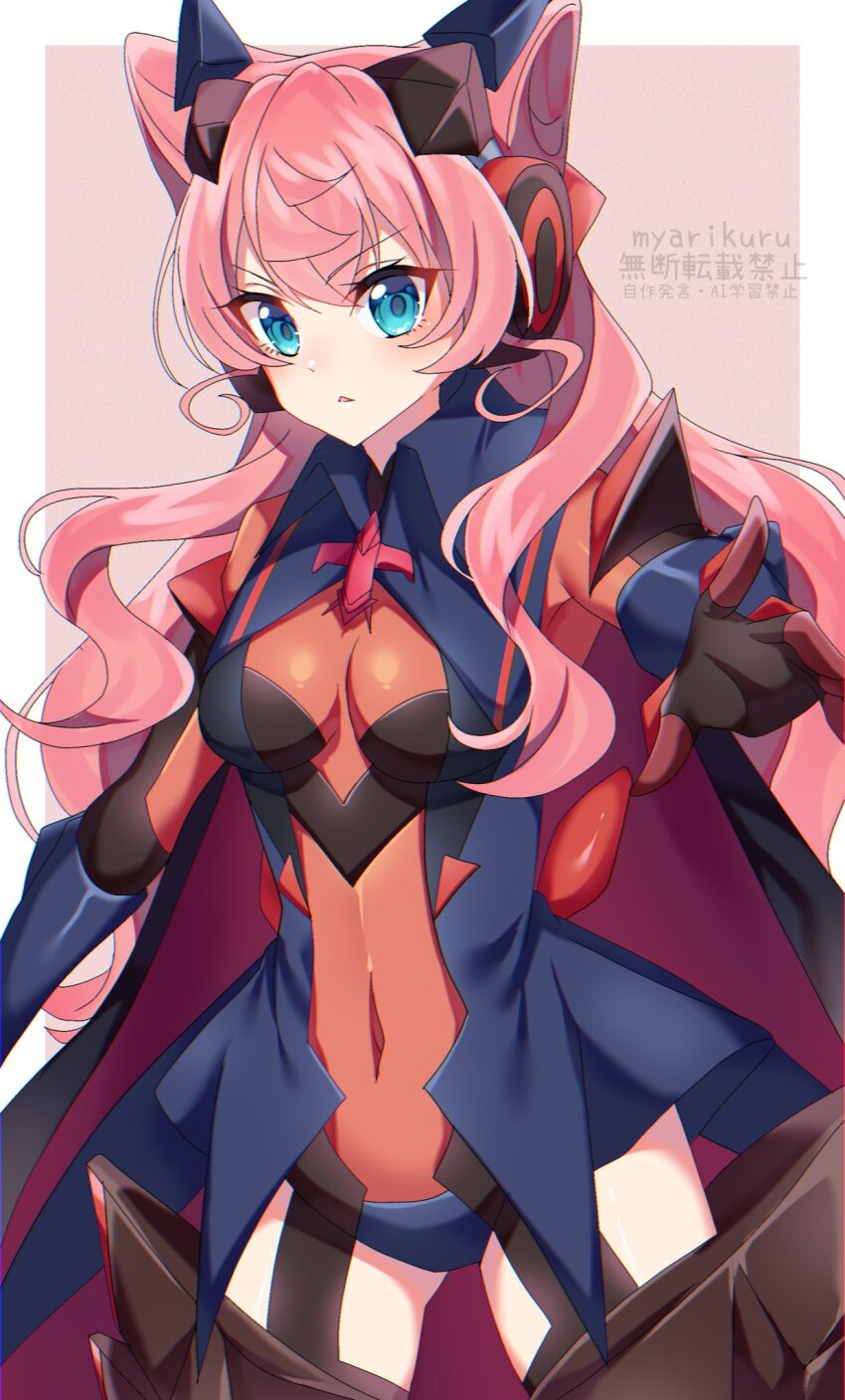 1girl, armor, blue_eyes, blush, breasts, cleavage, hair_between_eyes, headgear