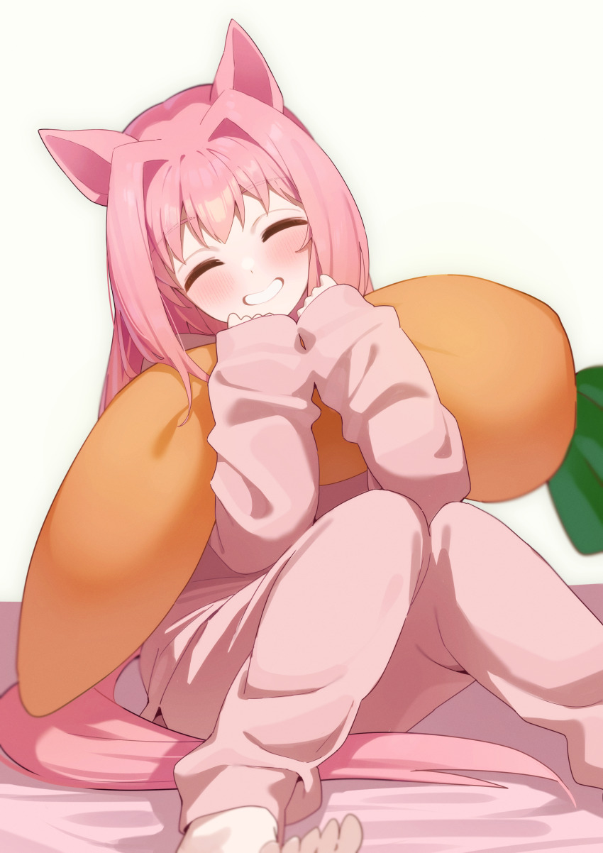 1girl, absurdres, animal_ears, barefoot, blush, carrot-shaped_pillow, closed_eyes, freely2327