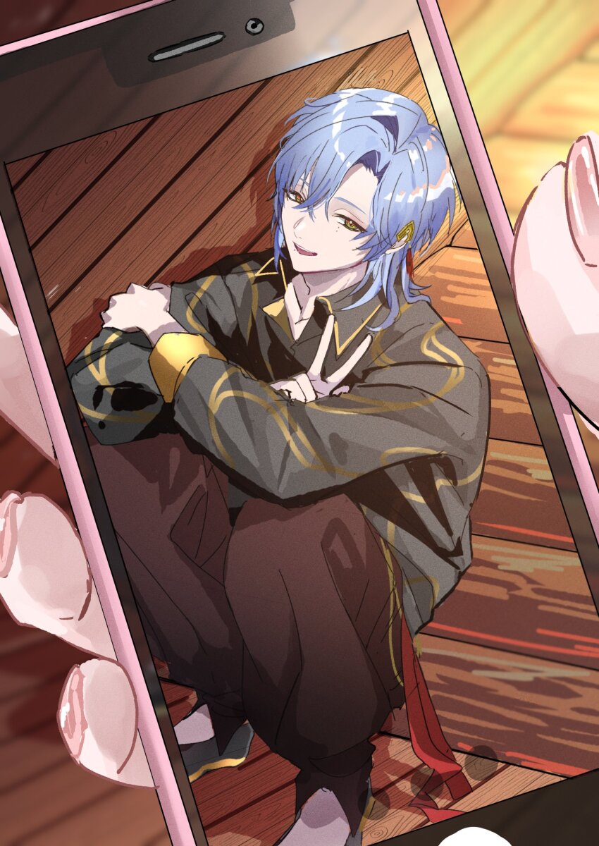 1boy, absurdres, black_pants, blue_hair, cellphone, cellphone_photo, crossed_arms, fingernails, full_body, grey_jacket, hashtag-only_commentary, highres, holding, holding_phone, jacket, long_sleeves, looking_at_viewer, male_focus, milan_kestrel, milan_kestrel_(2nd_costume), nijisanji, open_mouth, pants, parted_bangs, phone, short_hair, smartphone, smile, solo_focus, squatting, v, virtual_youtuber, xxcaaan, yellow_eyes