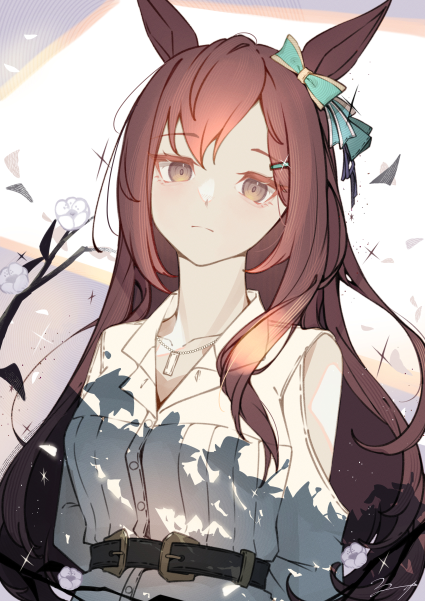 1girl, absurdres, animal_ears, aqua_bow, belt, black_belt, bow, breasts