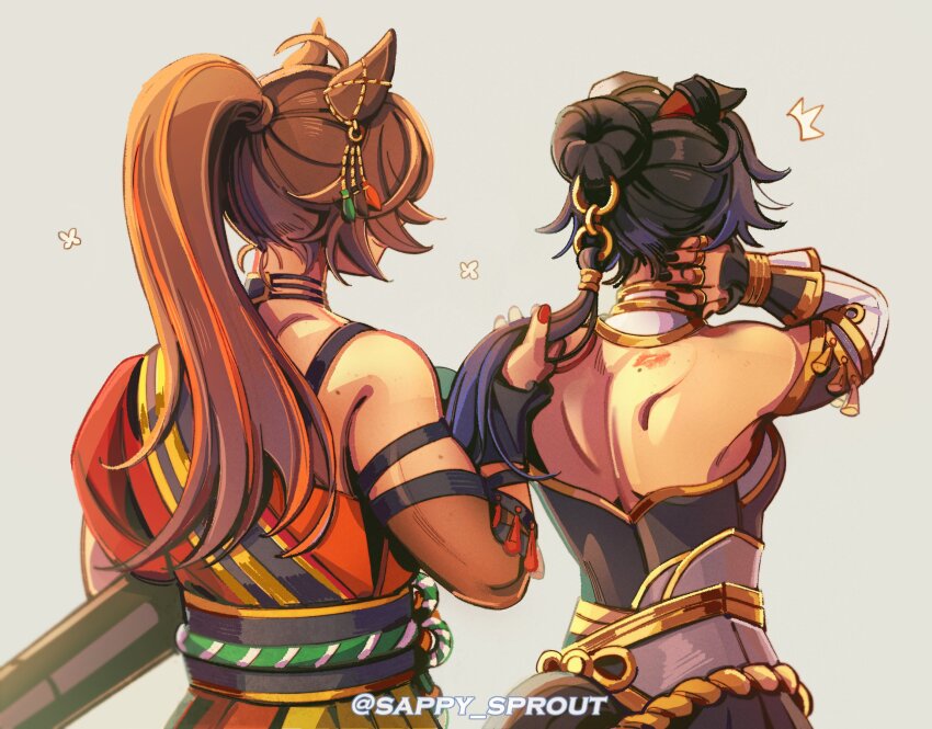 2girls, ahoge, animal_ears, backless_shirt, bare_shoulders, black_hair, breasts, brown_hair