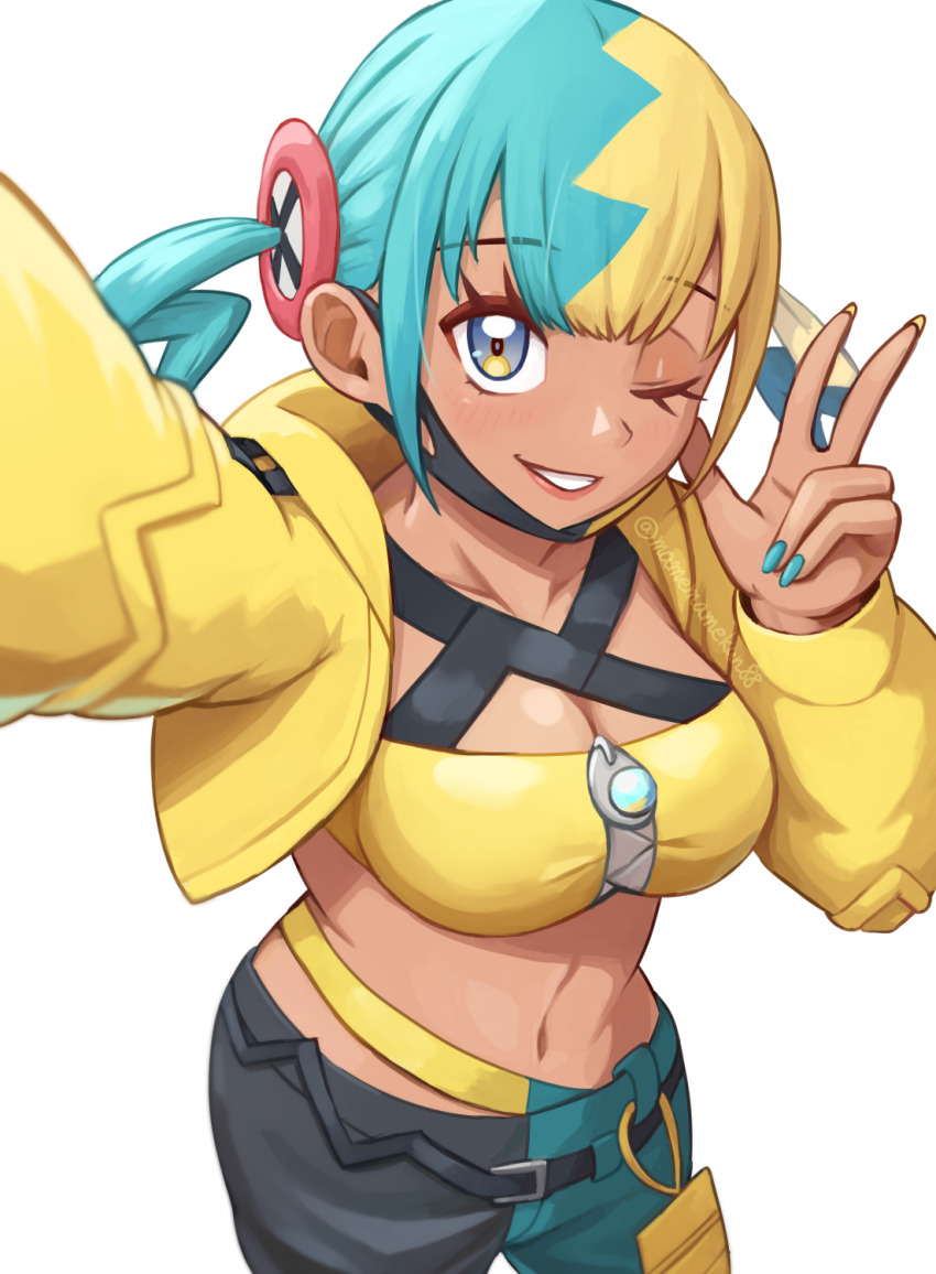 1girl, aqua_hair, bandeau, black_mask, blonde_hair, blue_eyes, breasts, canari_(pokemon)