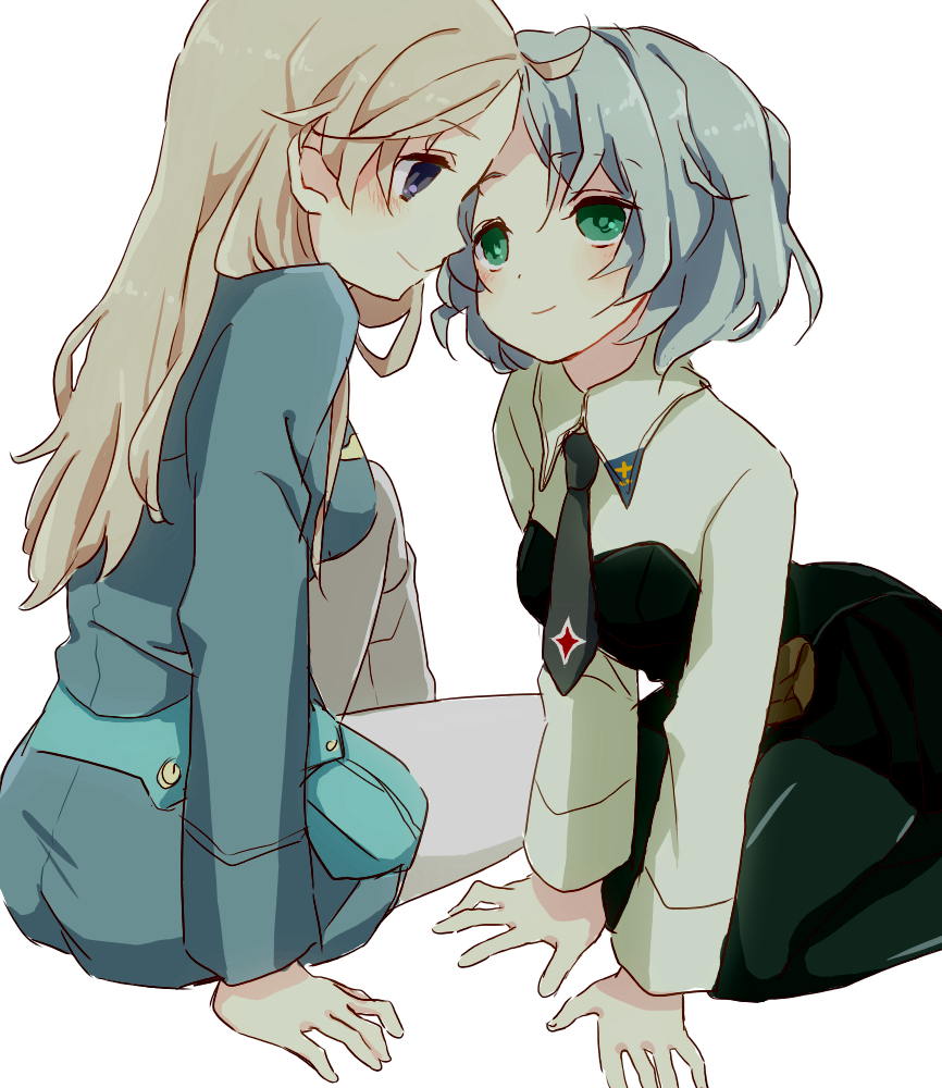 2girls, bad_id, bad_pixiv_id, black_legwear, blonde_hair, blue_eyes, blush, couple, eila_ilmatar_juutilainen, eye_contact, face-to-face, forehead-to-forehead, green_eyes, heads_together, hloox, long_hair, looking_at_another, military, military_uniform, multiple_girls, necktie, pantyhose, pouch, sanya_v._litvyak, short_hair, silver_hair, sitting, smile, strike_witches, white_legwear, world_witches_series, yuri