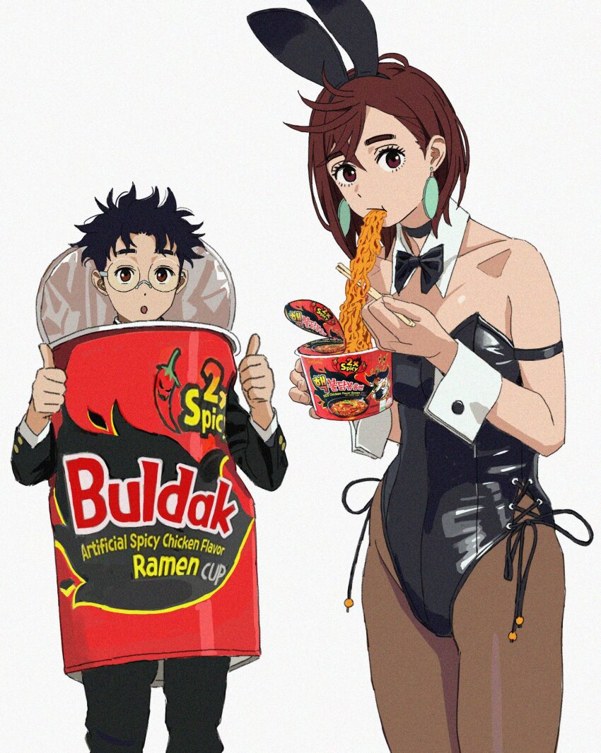1boy, 1girl, animal_ears, ayase_momo, black_choker, black_hair, black_leotard, bow, bowtie, brown_eyes, brown_hair, choker, chopsticks, cosplay, instant_cup_noodles, dandadan, detached_collar, earrings, eating, fake_animal_ears, food, glasses, hair_behind_ear, hair_between_eyes, highres, holding, holding_chopsticks, instant_noodles, jewelry, korean_fire_noodles, leotard, long_sleeves, looking_at_viewer, noodles, pantyhose, pendant_earrings, playboy_bunny, rabbit_ears, round_eyewear, shiren_(ourboy83), short_hair, simple_background, strapless, strapless_leotard, takakura_ken_(dandadan), white_background, wrist_cuffs