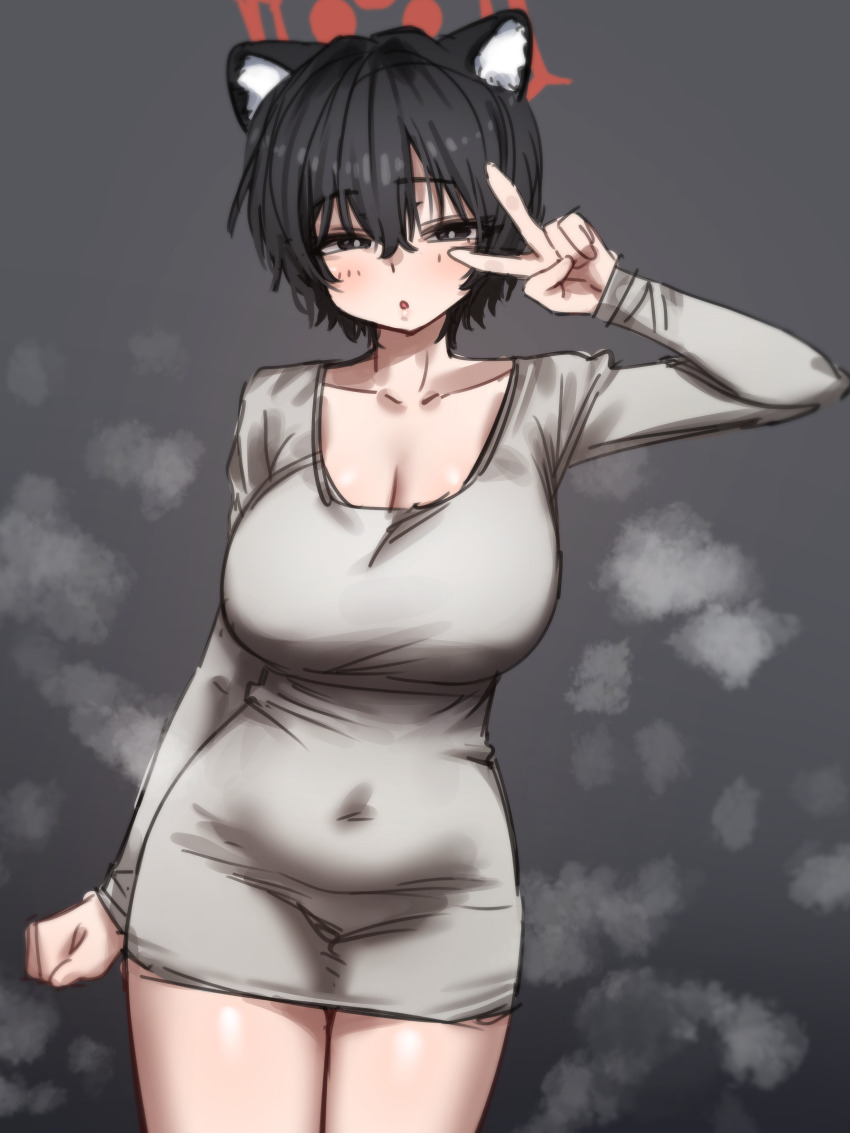 1girl, absurdres, animal_ears, black_hair, blue_archive, breasts, covered_navel, dress