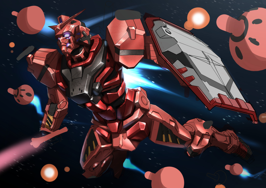 bit_(gundam), commentary_request, energy_sword, gundam, gundam_gquuuuuux, highres, holding, holding_sword, holding_weapon, humanoid_robot, mecha, mk_22p, mobile_suit, no_humans, purple_eyes, red_gundam, robot, science_fiction, shield, solo, space, sword, v-fin, weapon
