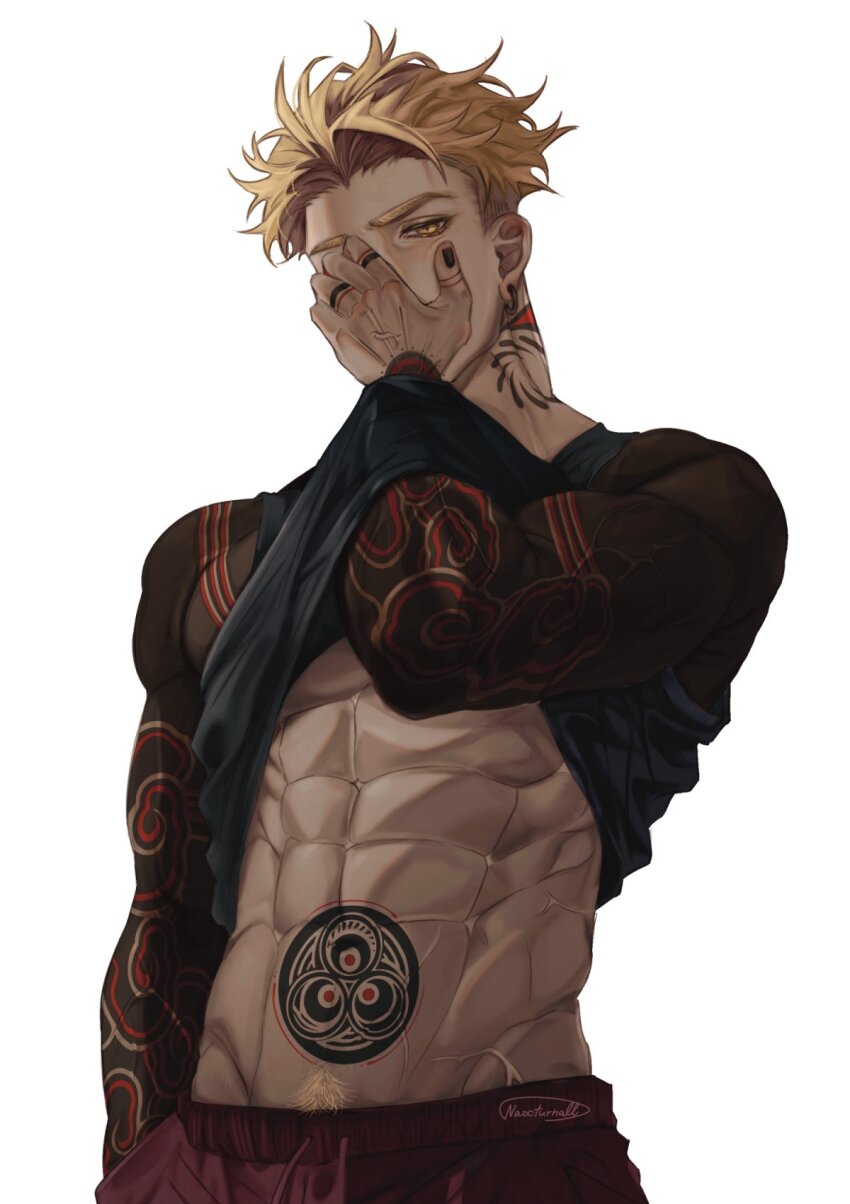 1boy, abs, arm_tattoo, biceps, black_nails, blackout_tattoo, blonde_hair, blonde_pubic_hair, clothes_lift, covering_own_mouth, earrings, enjin_(gachiakuta), gachiakuta, guilty_challenge_(meme), hand_in_clothes, hand_in_pocket, hand_over_own_mouth, hand_under_clothes, hand_under_shirt, highres, jewelry, looking_at_viewer, male_focus, meme, naocturnall, pubic_hair, pubic_hair_peek, shirt, shirt_lift, signature, simple_background, solo, stomach, stomach_tattoo, tank_top, tattoo, toned, toned_male, white_background