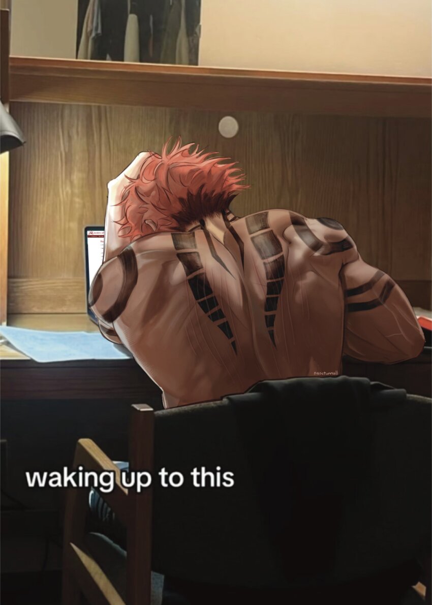 1boy, arm_tattoo, back, back_muscles, back_tattoo, black_hair, english_text, from_behind