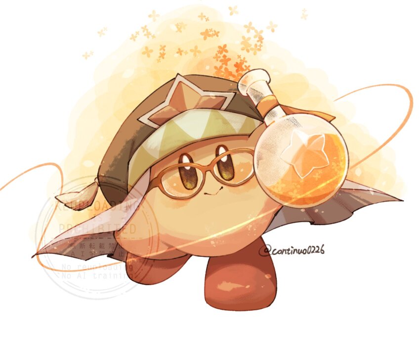 black_hat, brown_eyes, closed_mouth, commentary, continuo0226, flask, glasses, hat