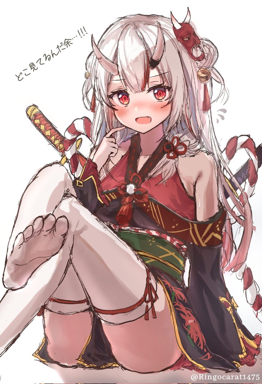 1girl, artist_name, bare_shoulders, bell, blush, crossed_legs, double_bun, feet