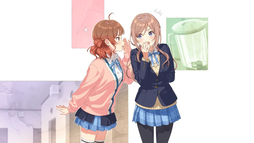 2girls, ahoge, blazer, blender_(object), blue_eyes, brown_eyes, brown_hair, buttons