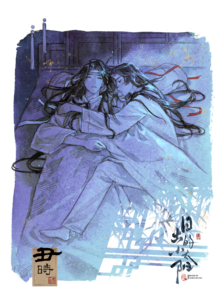 2boys, ahoge, alternate_costume, alternate_hairstyle, artist_name, barefoot, bathrobe, bed_sheet