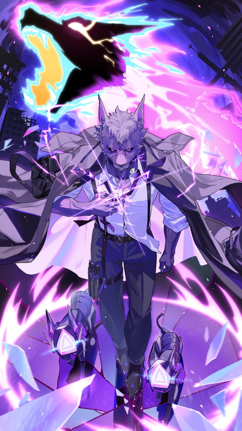 animal_ears, black_coat, black_pants, black_shoes, chaos_zero_nightmare, coat, electricity, furry, furry_male, hand_on_own_chest, highres, hugo_(chaos_zero_nightmare), katamuki, looking_at_viewer, male_focus, non-humanoid_robot, pants, purple_fur, robot, robot_animal, robot_dog, scar, scar_on_face, shirt, shoes, suspenders, walking_towards_viewer, white_shirt, wolf_boy, wolf_ears