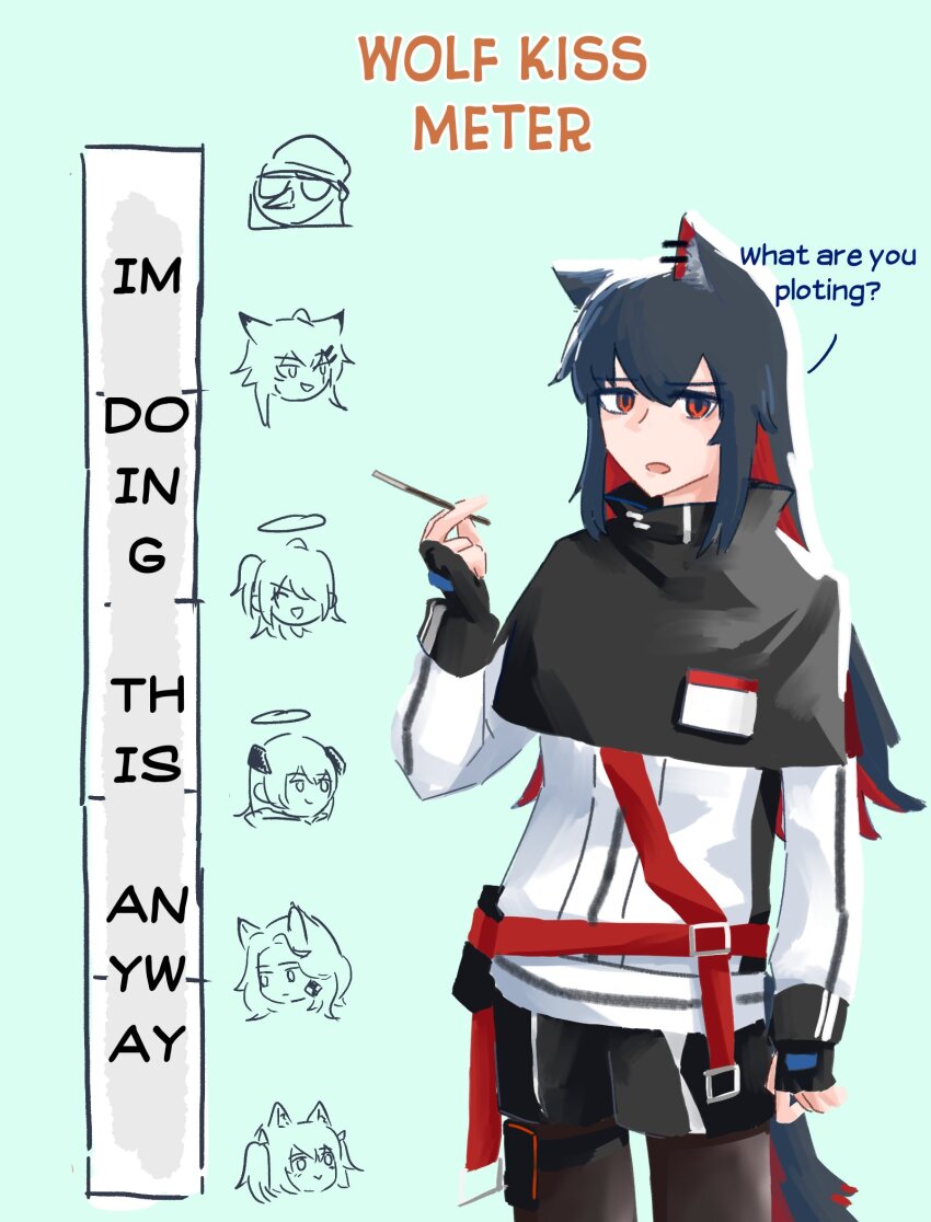 6+girls, animal_ears, arknights, black_capelet, black_gloves, black_hair, black_pantyhose, black_shorts